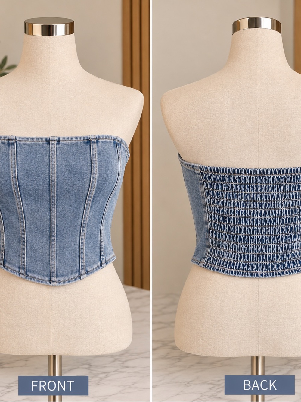Denim Strapless Corset Top - Blue